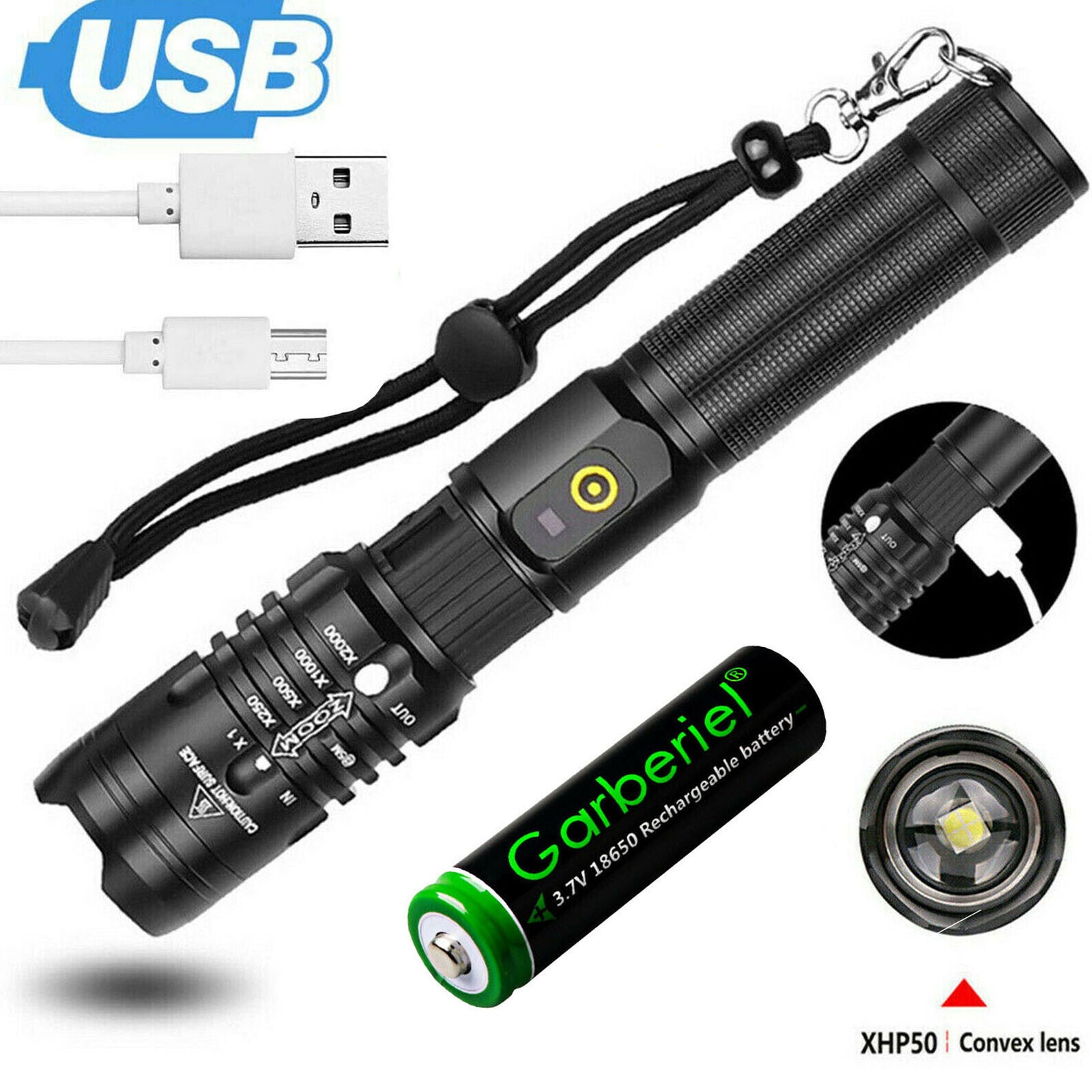 990000Lumens XHP50 Flashlight Zoomable USB Rechargeable Torch Super Bright Light