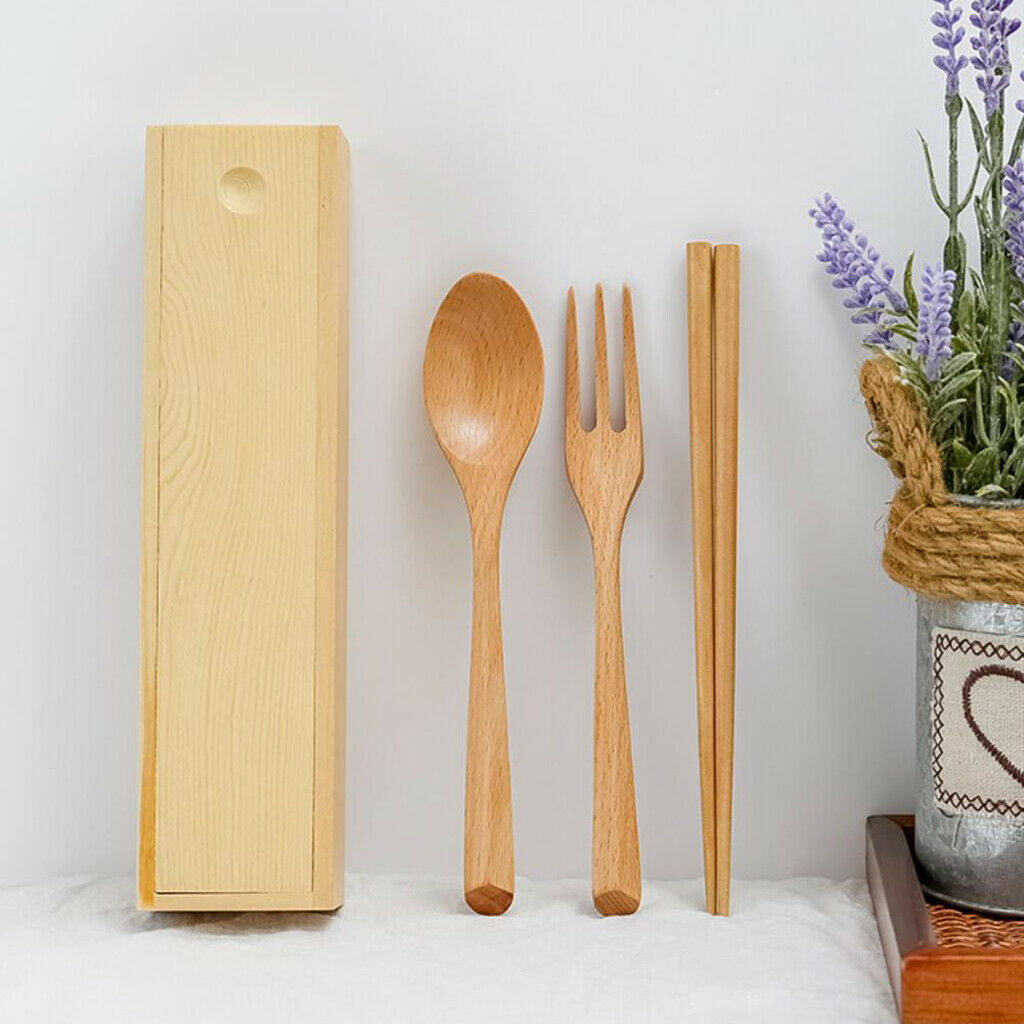 3PCS Wooden Chopsticks Spoon Fork Set with Box Japanese Style Eco-Friendly