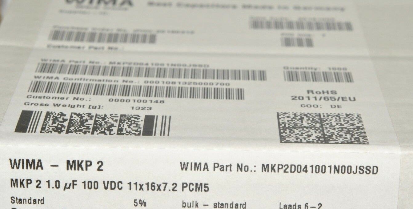 2pcs - WIMA MKP2 1uF (1uF) 100V 5% 5mm Capacitor MKP2D041001N00JSSD