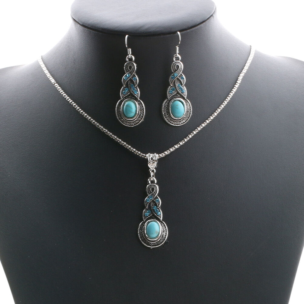 Elegant RetroBDurquoise Dangel Hook Earrings & Necklace Jewelry S.l8