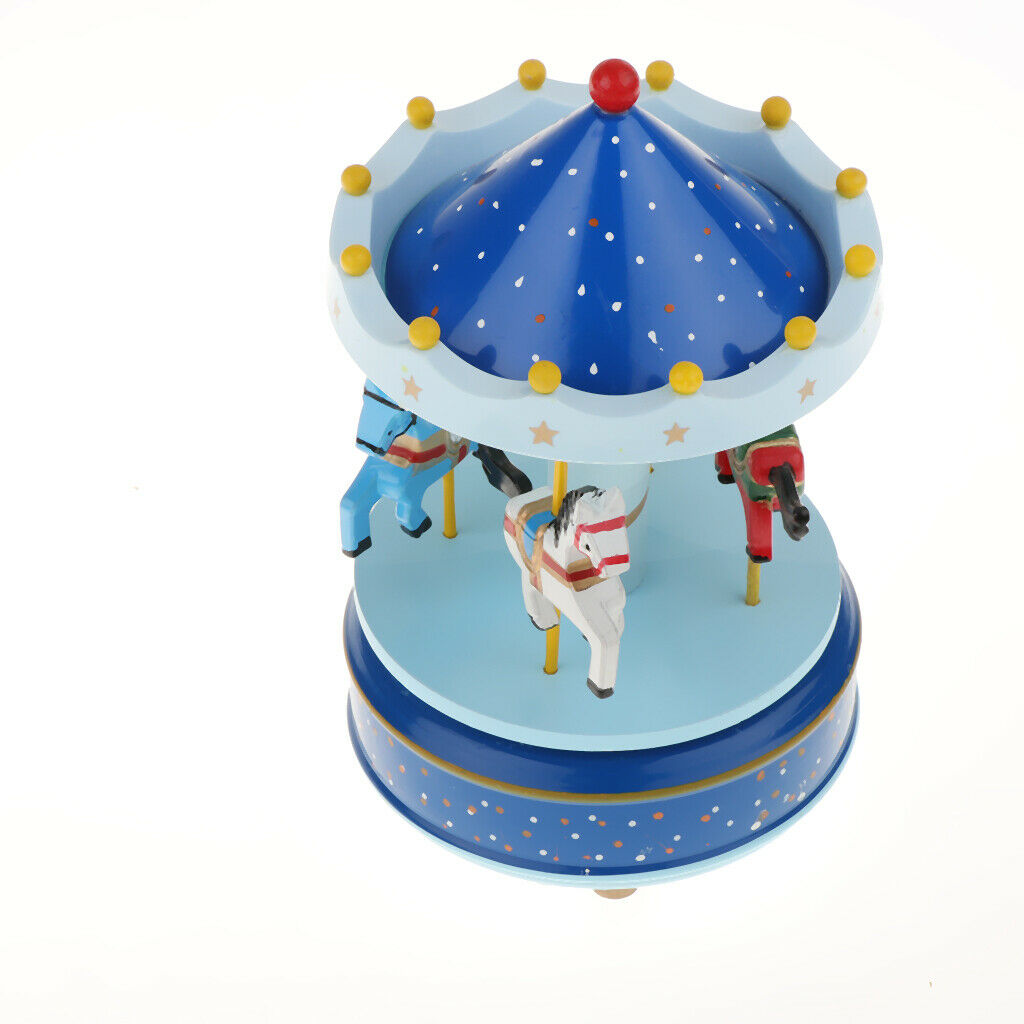 Wooden Merry-GO-Round Carousel Music Box  Wind Up Music Box  Blue with Dot