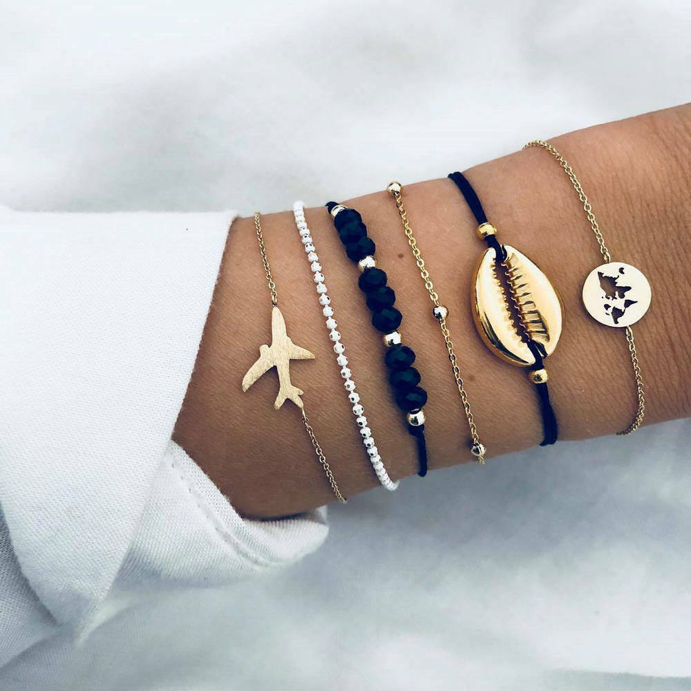 6 Pcs Fashion Women Boho Shell Airplane Beads Map Chain Bracelet Bangle Jewelry
