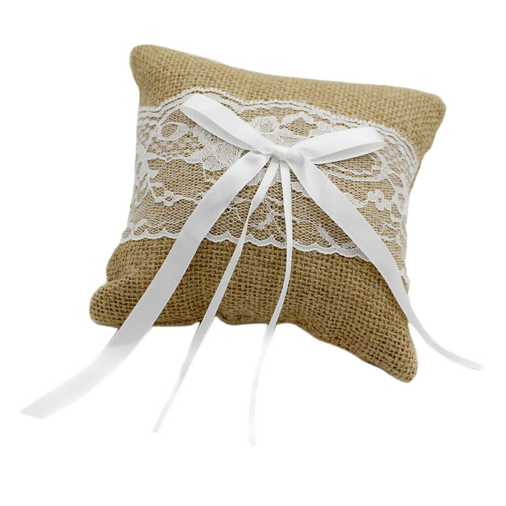 Wedding Ceremony Ring Pillow Cushion Linen Square Ring Bearer Bowknot 20cm