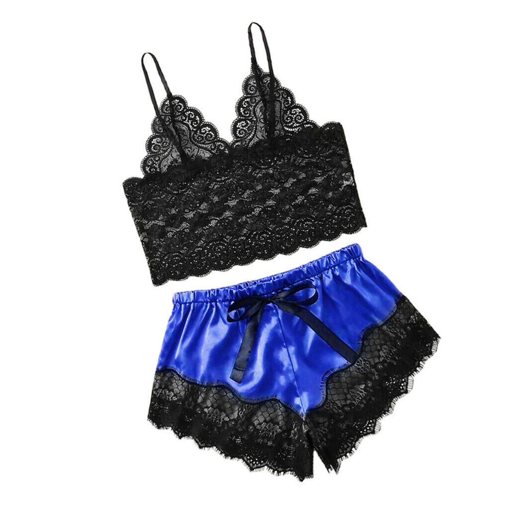 Women Pajama Nightwear Lace Trim Floral Bralette Top & Shorts Royal Blue XXL