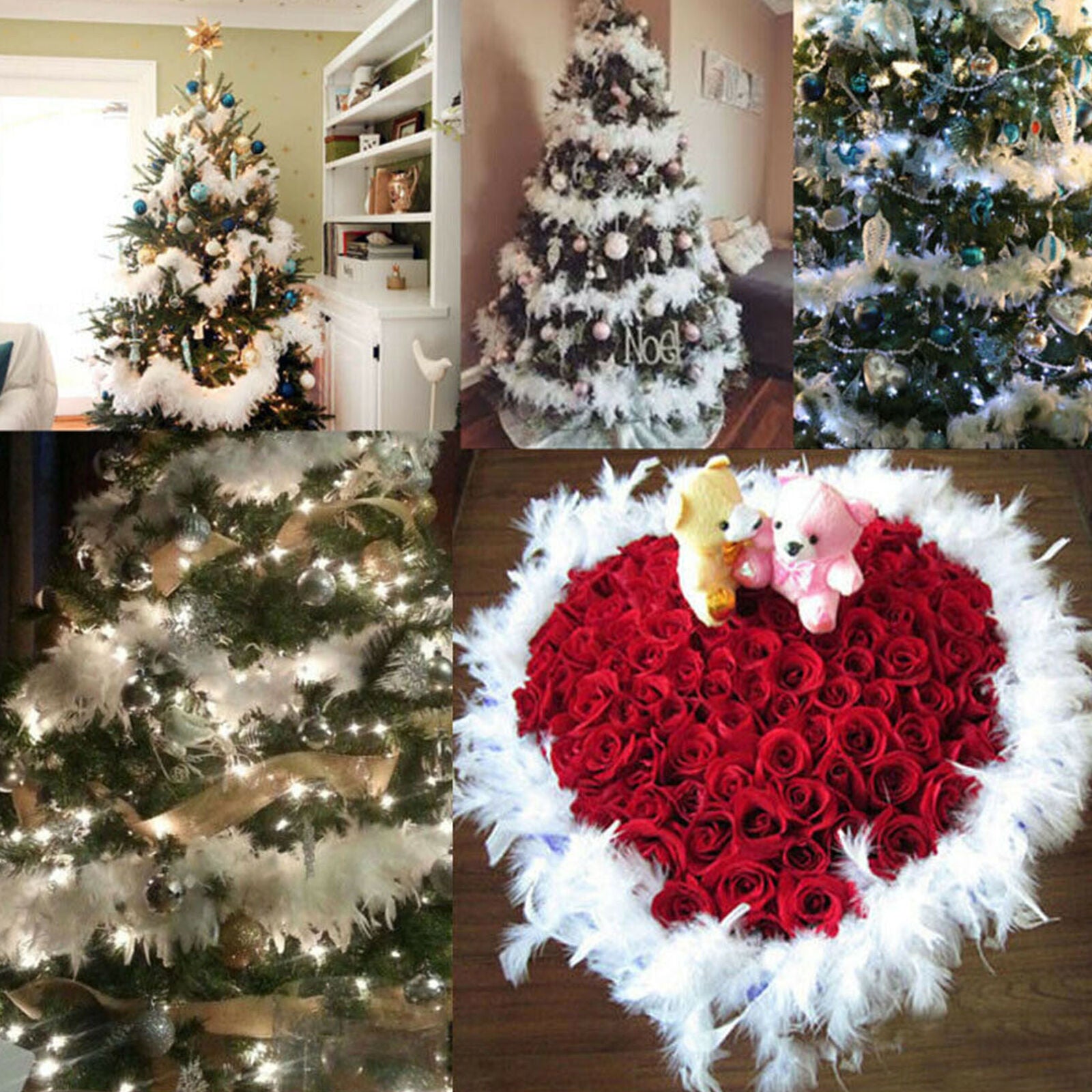 5PC 2M Christmas Tree White Feather Boa Home Party Xmas Ribbon Garland Decor