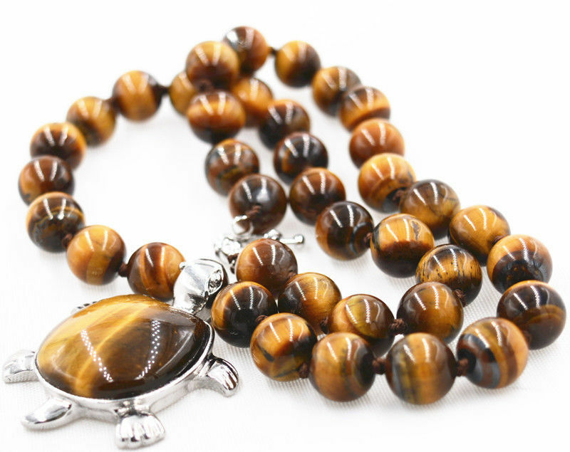 18" Beautiful 10mm African Roar Tiger's Eye Turtle Pendant Necklace AAA