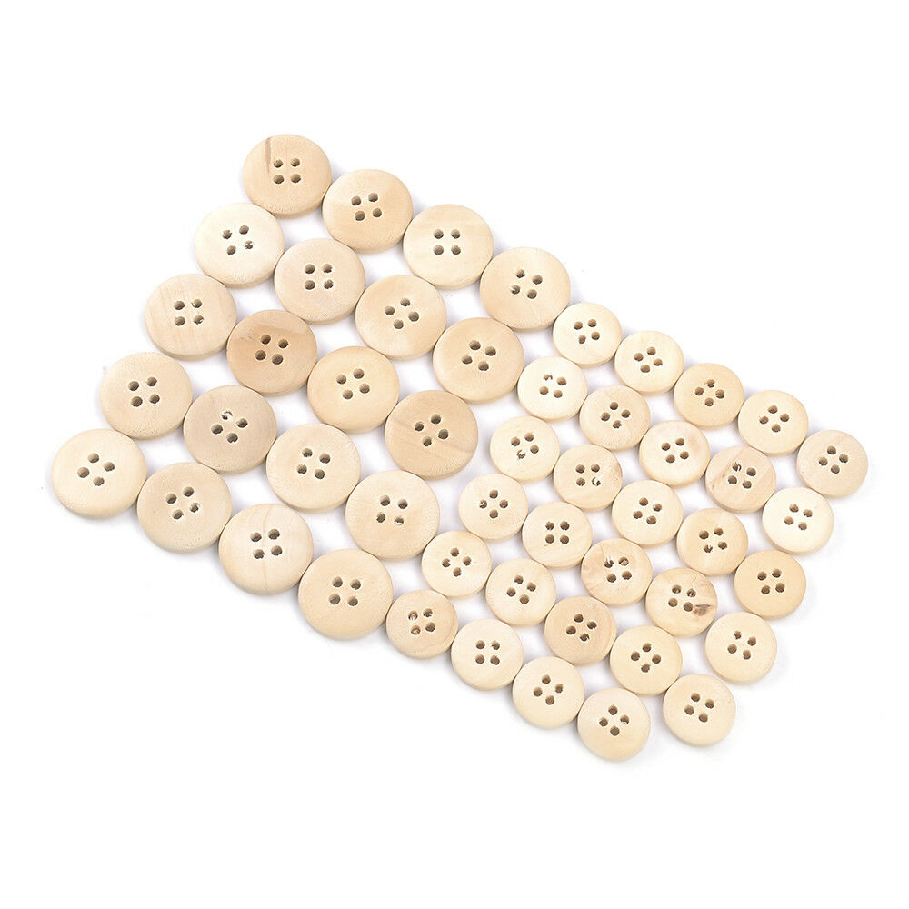 50X Mixed Wooden Buttons Natural Color Round 4-Holes Home Sewing Scrapbooking