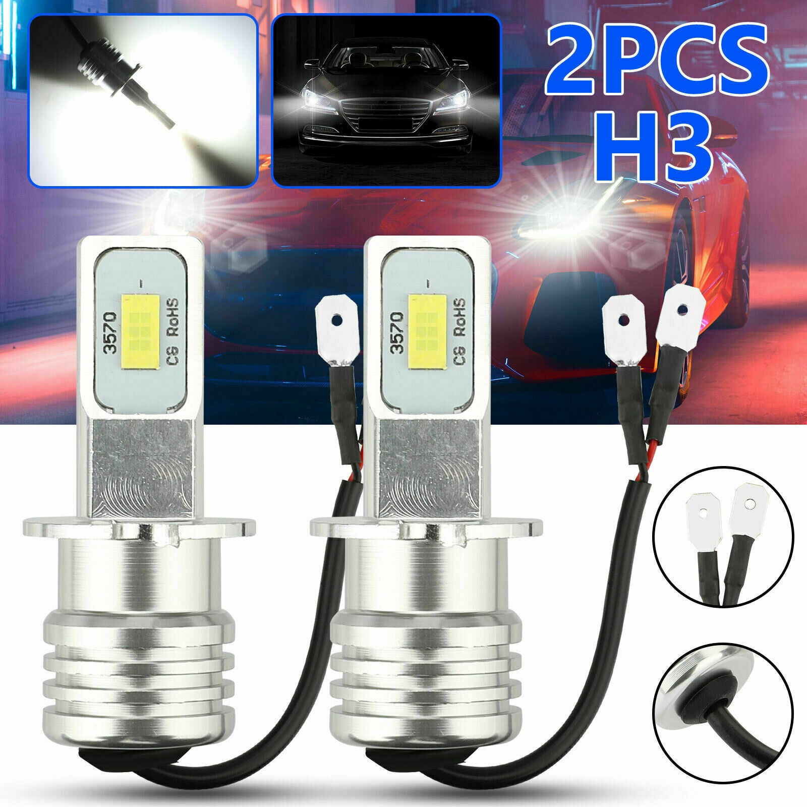 2x H3 Super White CREE LED Headlight Kit 100W 10000LM Fog Driving DRL Bulb 6000K