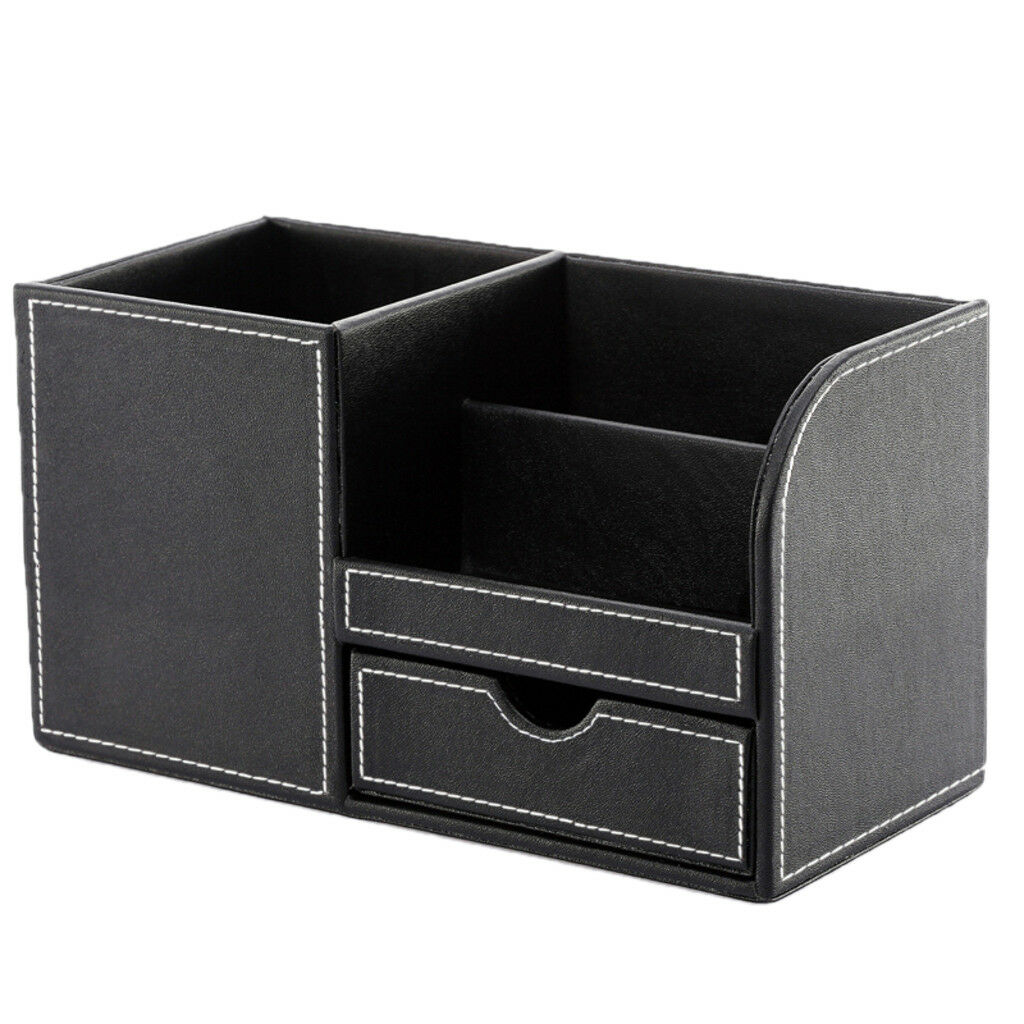 Office Storage Box Leather Stationery Organizer Pens Holder Box Black