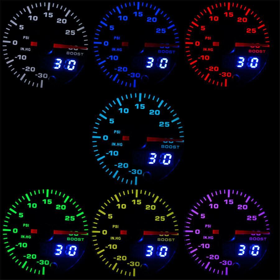 2" 52mm Car SUV Turbo Boost Gauge 7 Colors LED Analog/Digital Dual Display Meter