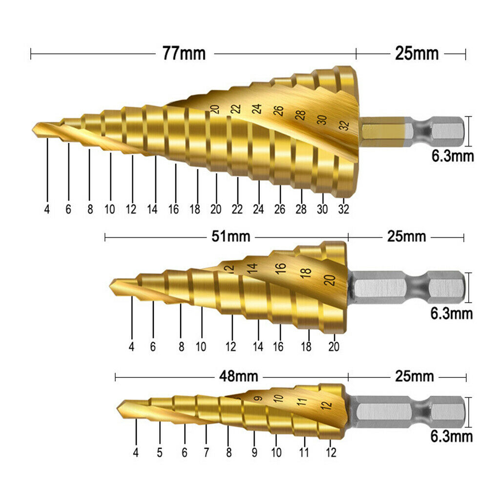 Step Drill Bits Set Bit Holder DIY Drilling for Plastic Wood Aluminium