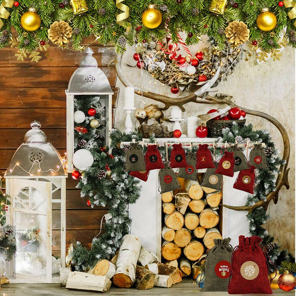 24pcs Christmas Advent Calendar Gift Bag 24 Days Hanging DIY Xmas New Year Decor