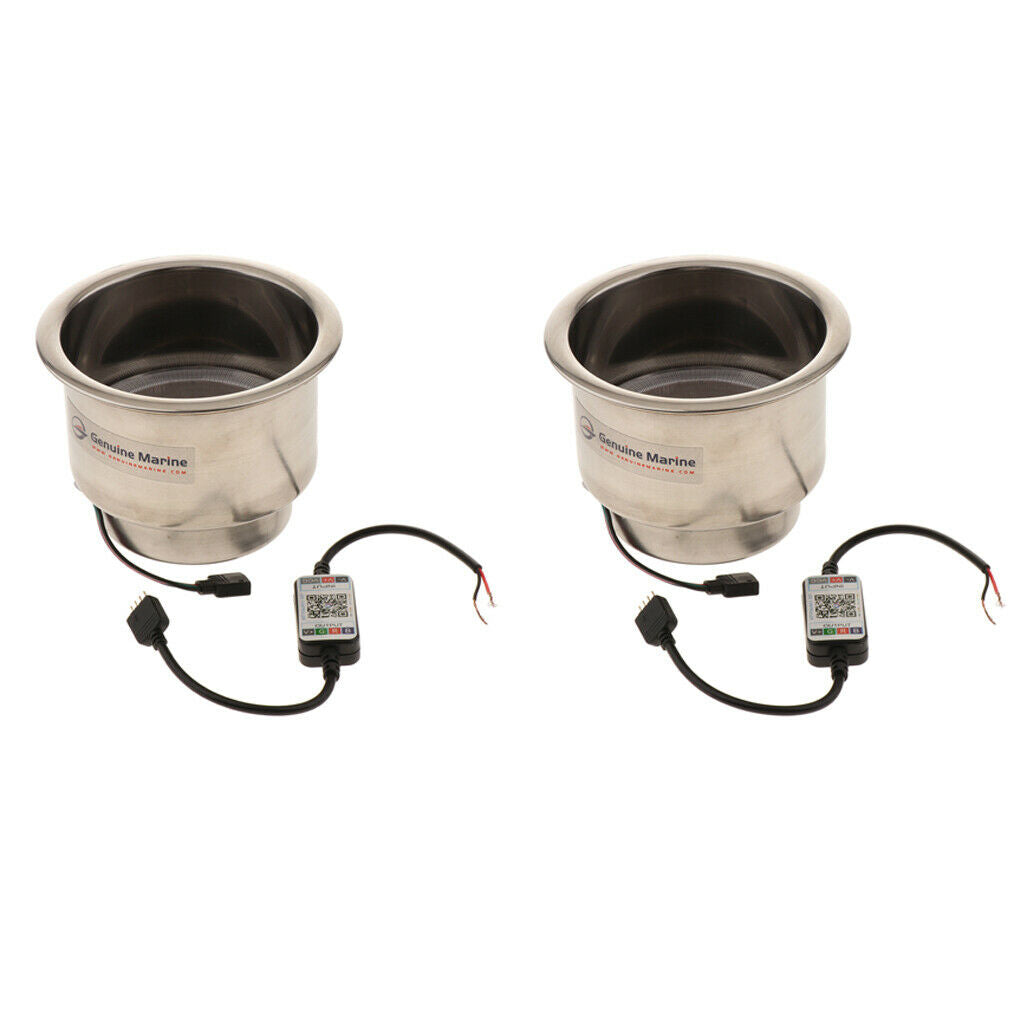 2pc 3LED Stainless Steel Cup Drink Holder w/ Drain LED Marine Boat Rv Camper