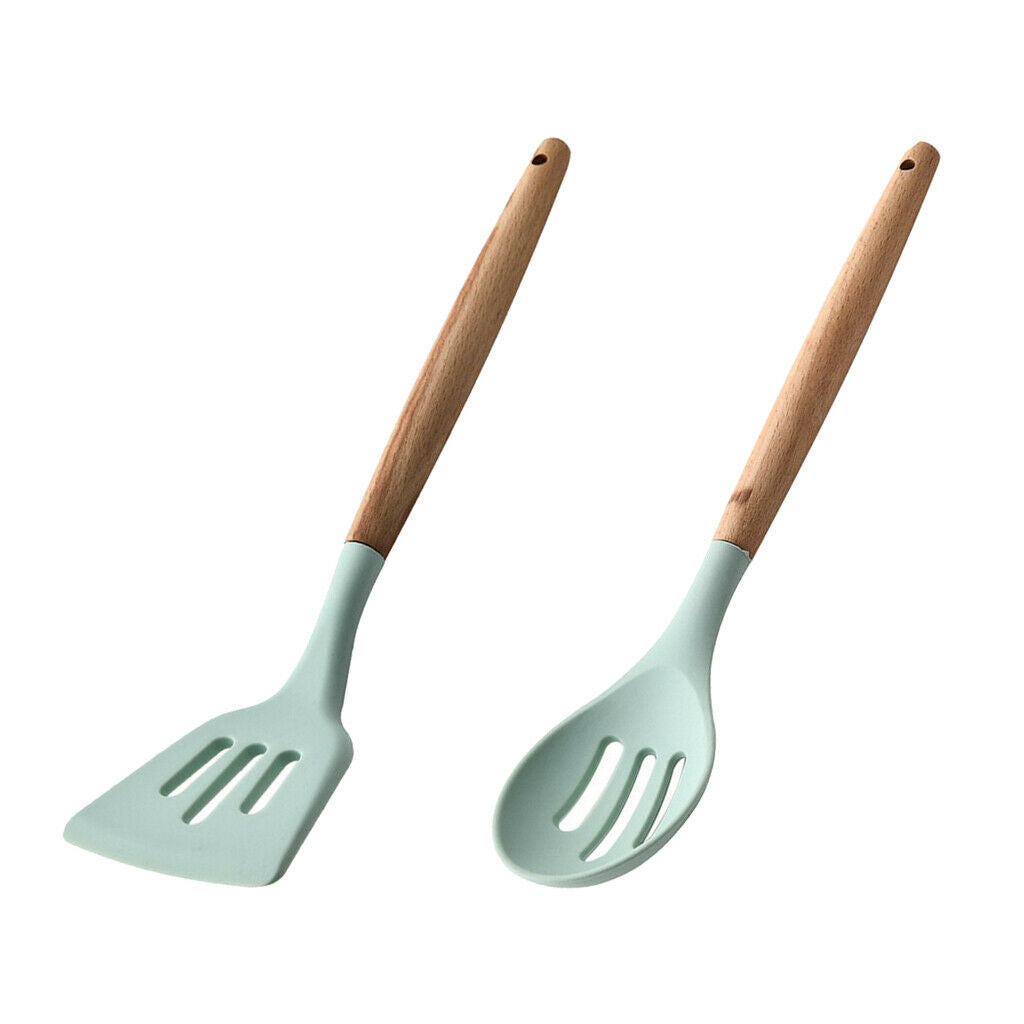 Silicone Cooking Slotted Turner Colander Spoon Kitchen Utensils Light Green