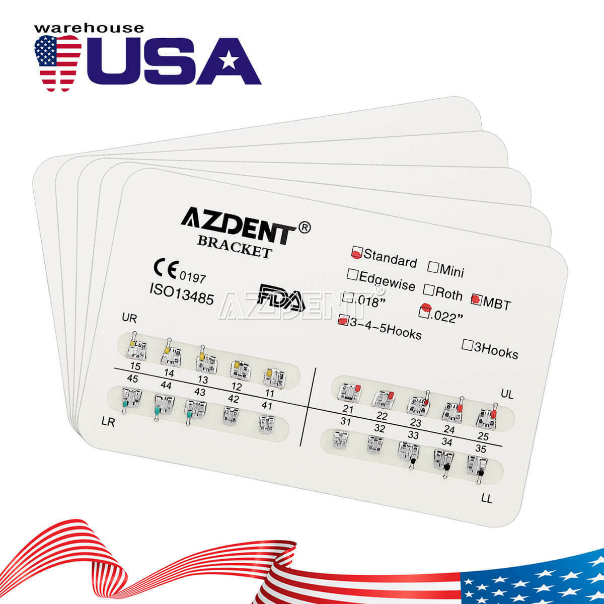 20 X AZDENT Dental Orthodontic Brackets Standard MBT Slot.022 Hooks 345 Metal