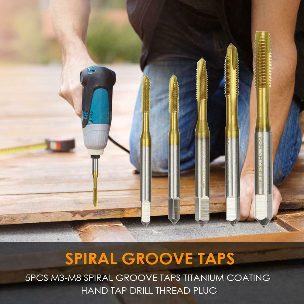 5pcs M3-M8 Spiral Groove Taps Titanium Coating Hand Tap Drill Thread Plug @
