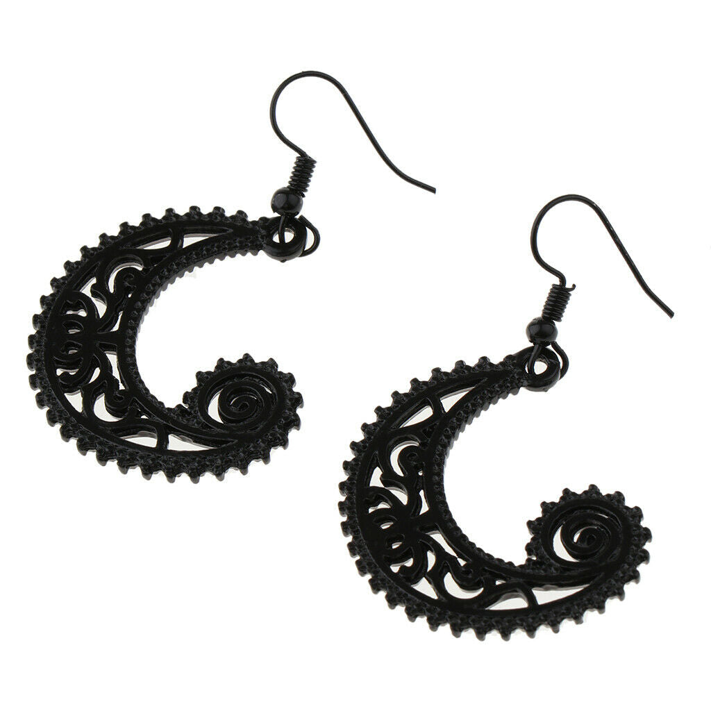Bohemian Swirl Spiral Moon Dangle Earrings Wedding Jewelry Matte Black