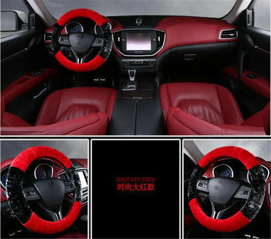 1pc 37-38cm Universal Black+Red Plush Furry Car Steering Wheel Cover Winter Warm