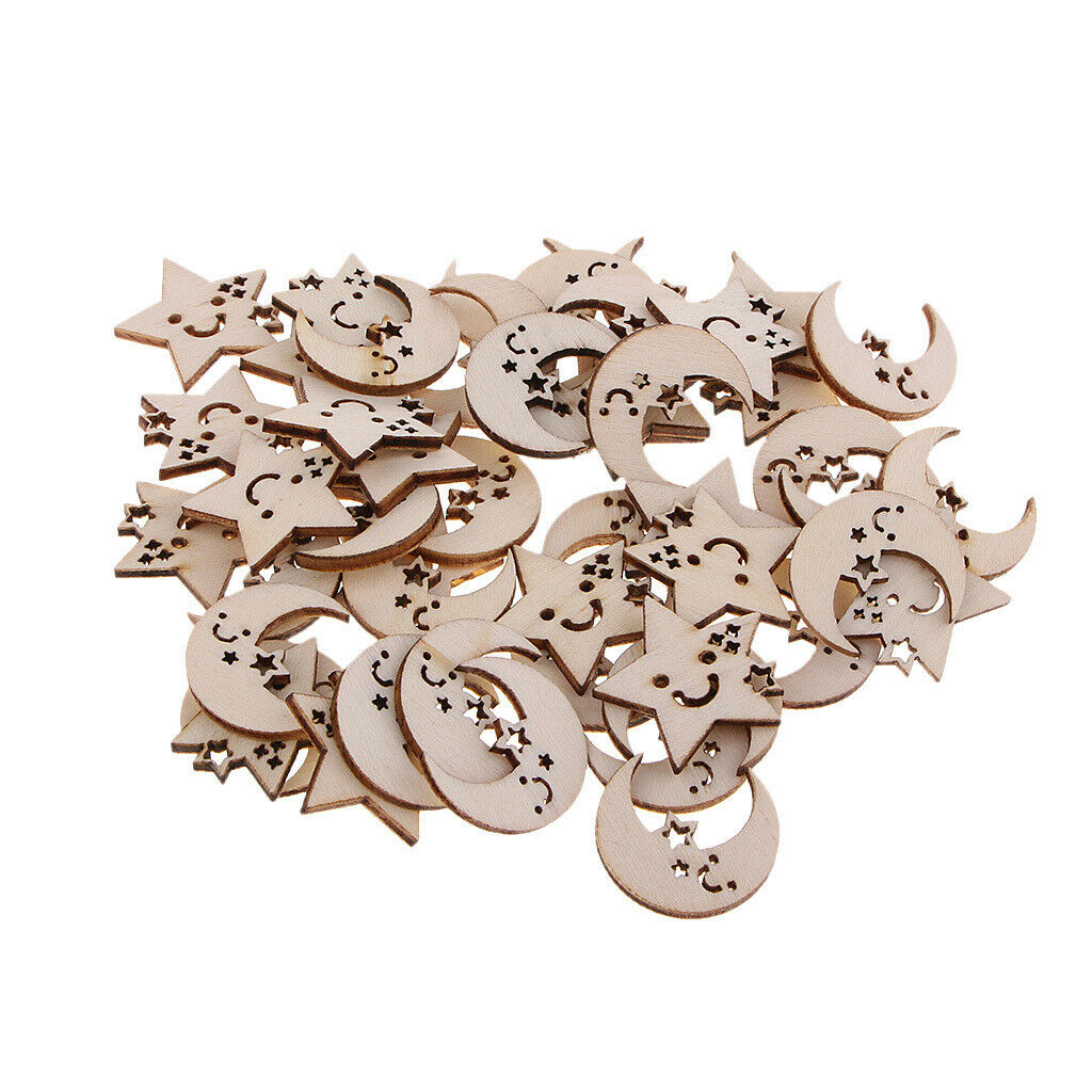 50 Pieces Wooden Moon Stars Embellishments Unfinished Wood Chips for Taking