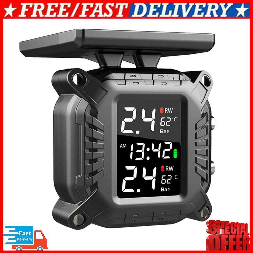 Waterproof Solar Motorcycle TPMS LCD Tire Pressure Monitor System w/ 2 Sensors