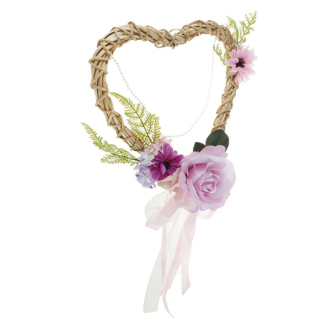 Shabby Chic Rattan Heart Silk Flower Blossom Wreath Door Wall Hanging Home