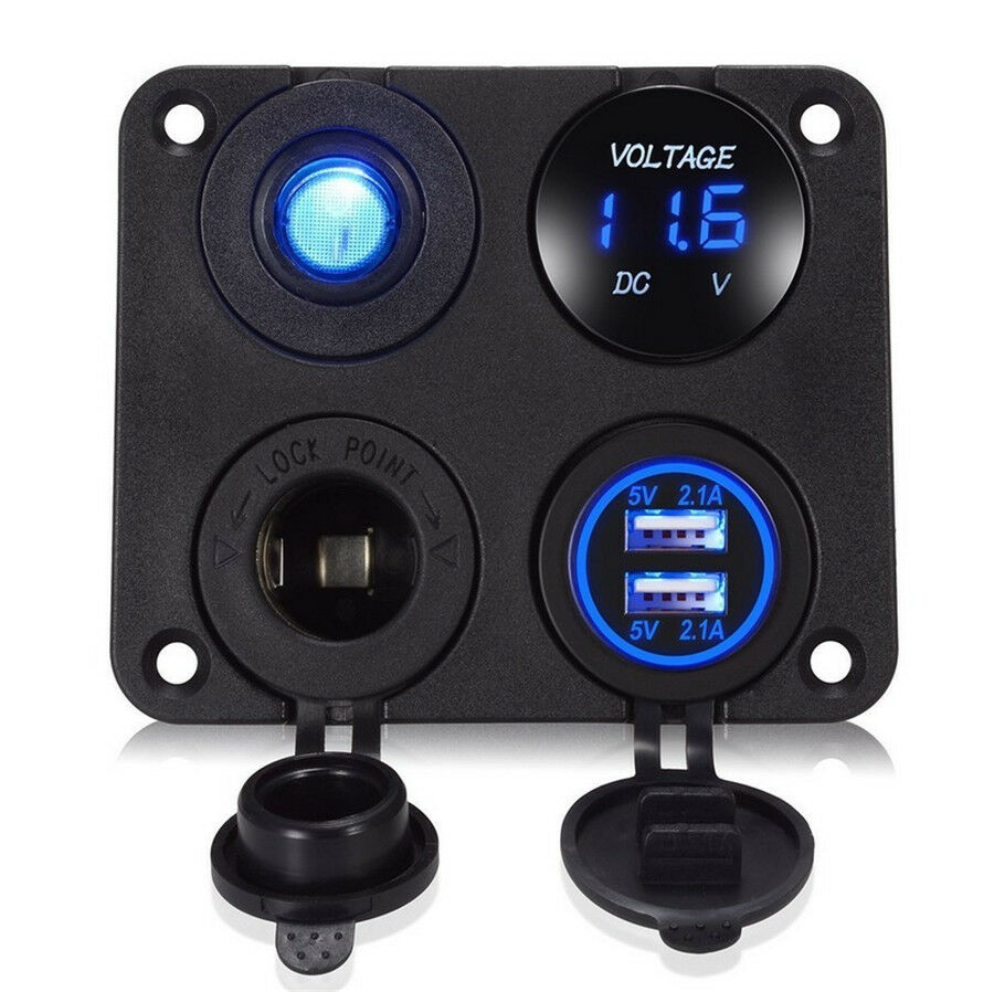 Dual USB Charger+LED Voltmeter+12V Power Socket+Switch Kit 4Hole Panel Car Truck