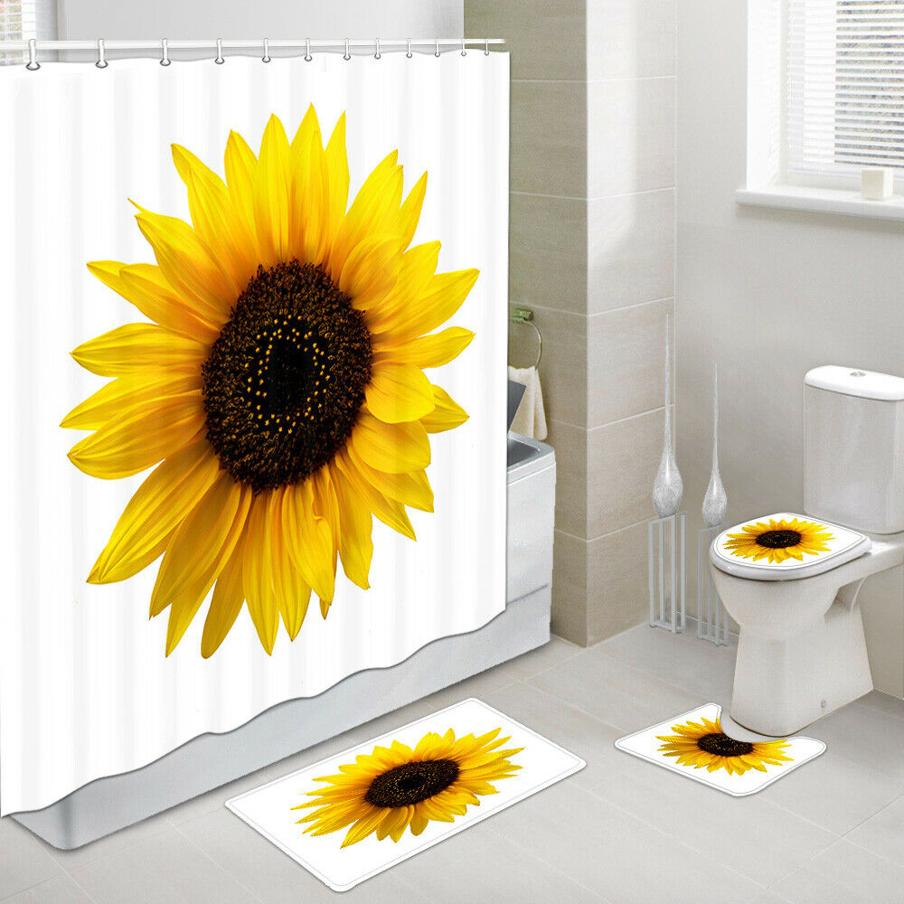Sunflower Flower Shower Curtain Set Bathroom Rug Toilet Lid Seat Cover 4PCS-Set