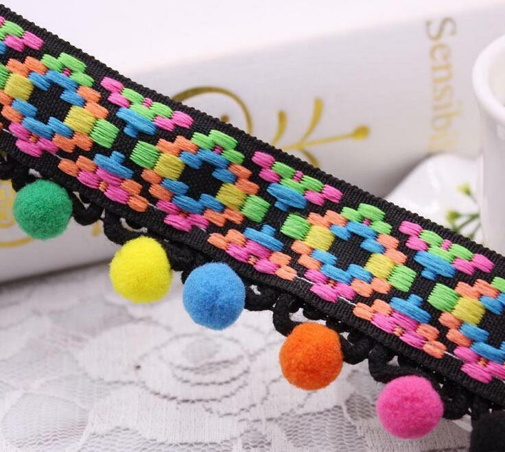 2 Yards National wind Jacquard webbing Pom Pom Ball Lace sewing Accessories