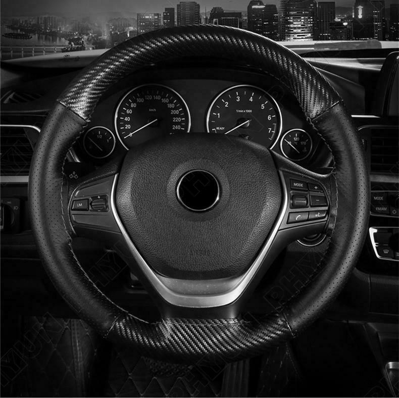38CM Carbon Fiber & Leather Steering Wheel Cover Trim Hand Sewing DIY Universal
