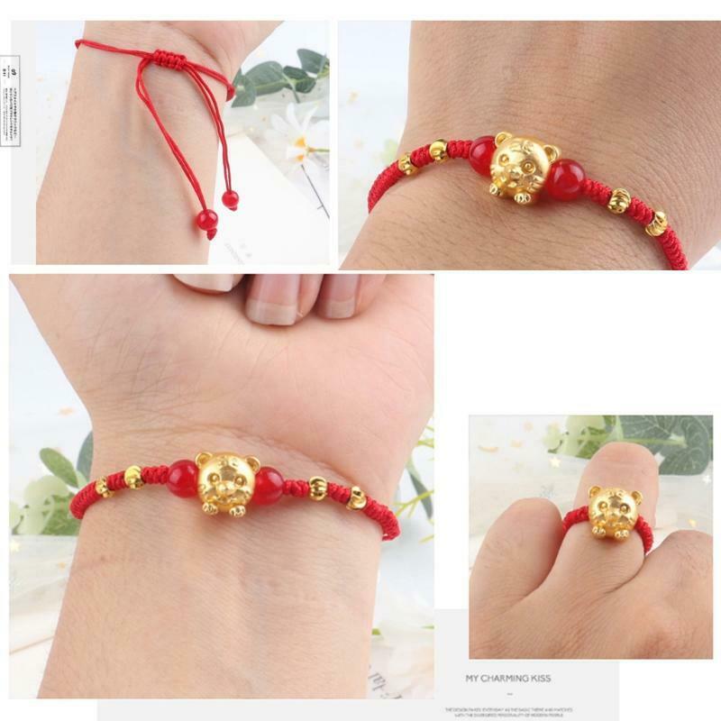 Tiger Pendant Hand Knotted Adjustable Charm Lucky Bracelet Ring for Men Women