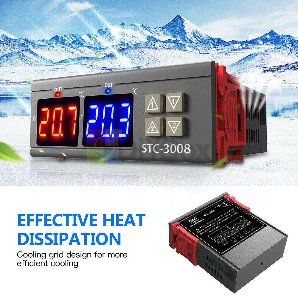 STC-3008 Thermostat Dual LED & Probe Temperature Controller AC 12V