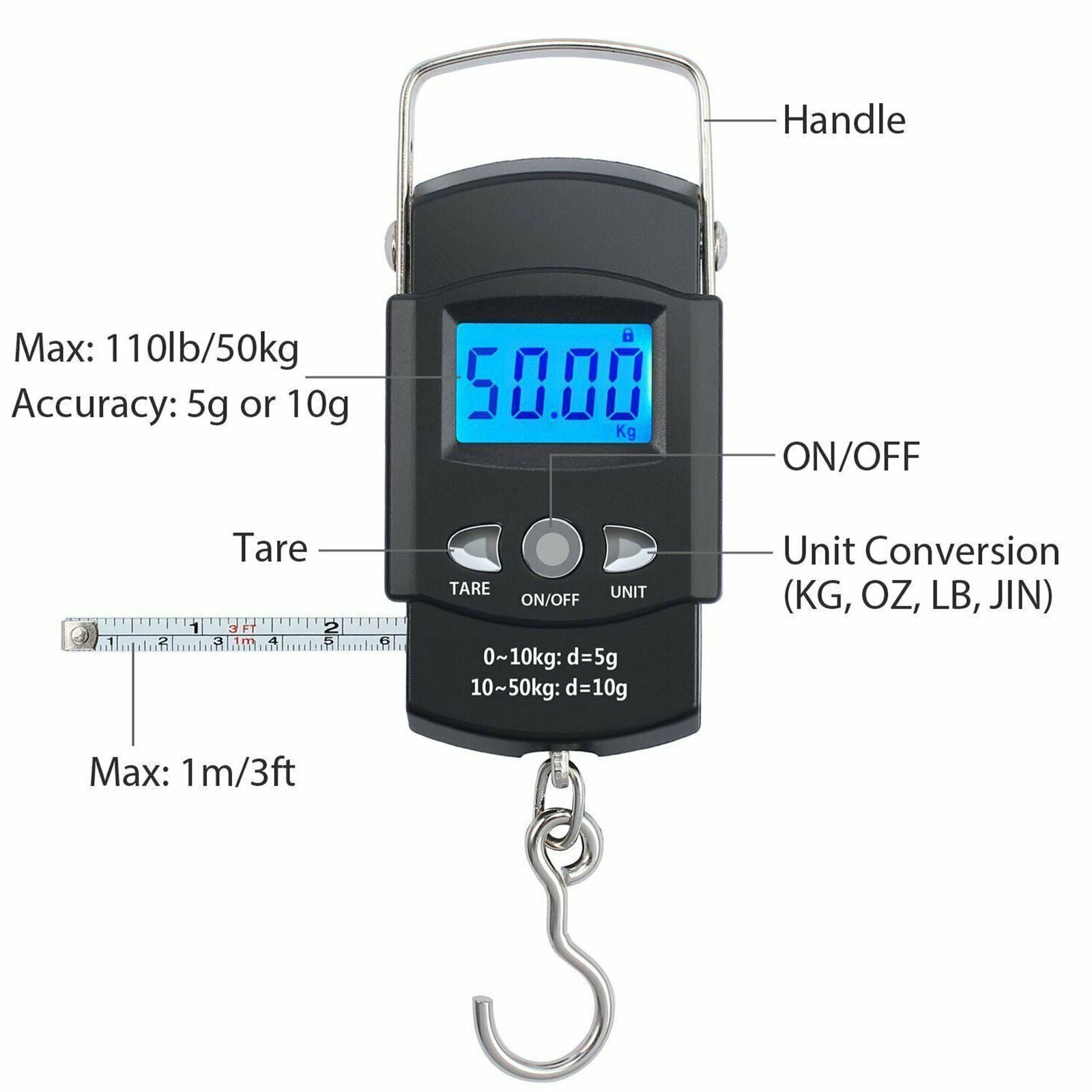 Portable Digital Fishing Scales 110lb/50kg Travel Luggage Scale w/ 1M Tape Ruler
