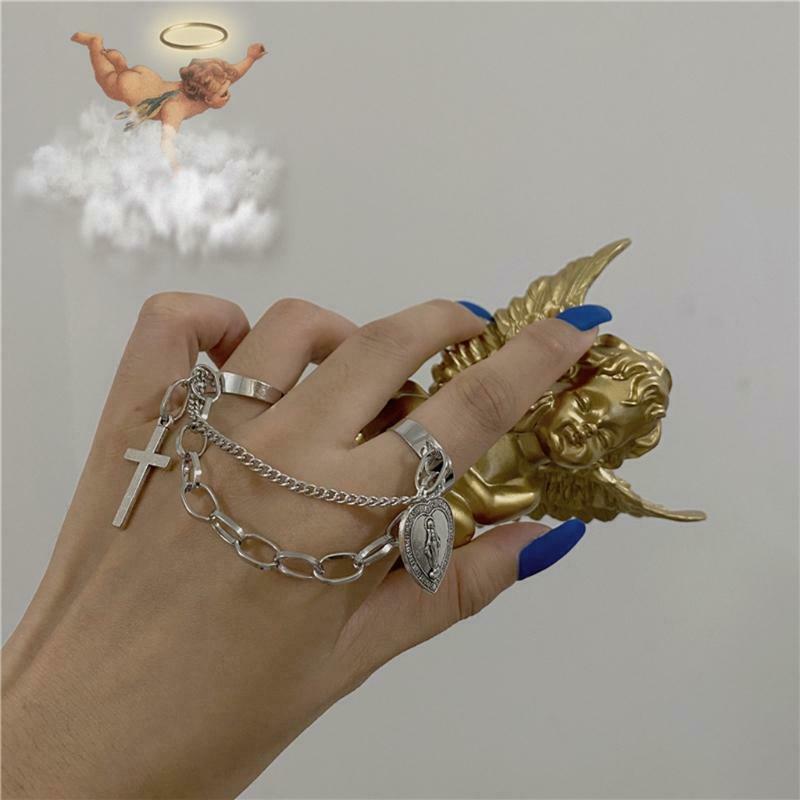 Retro Adjustable Chain Jesus Pendant Ring Alloy Cross Open Rings Hip Hop Jewelry