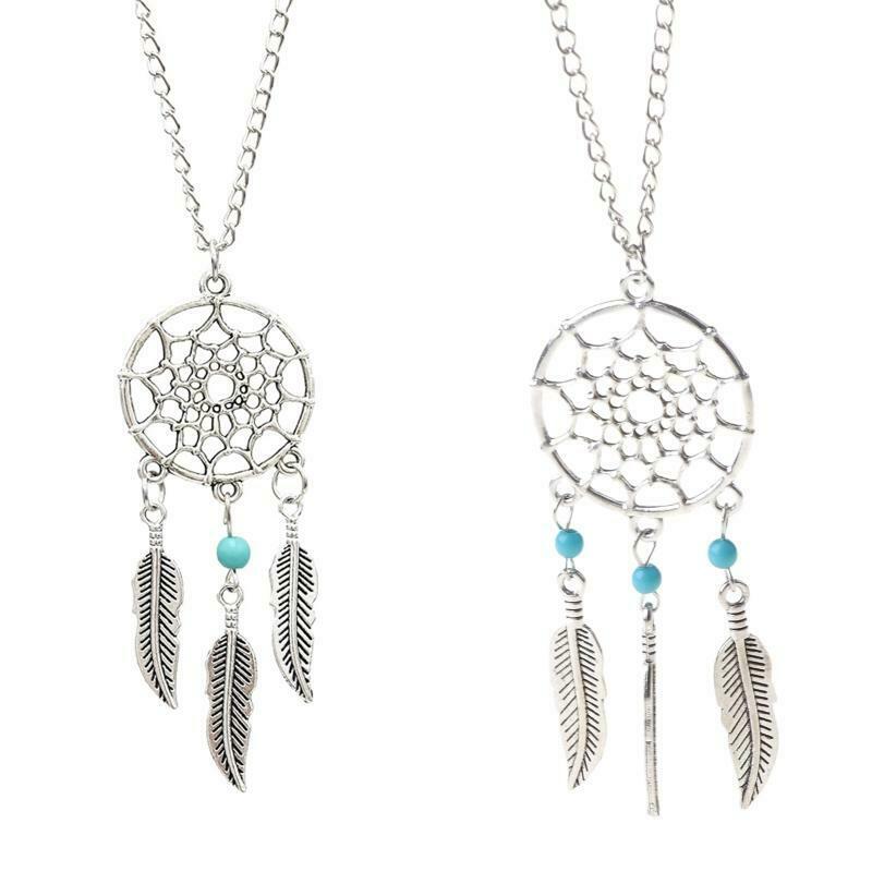 Women's Dangling Leave Charms Filigree Tribal Dream Catcher Pendant Necklace