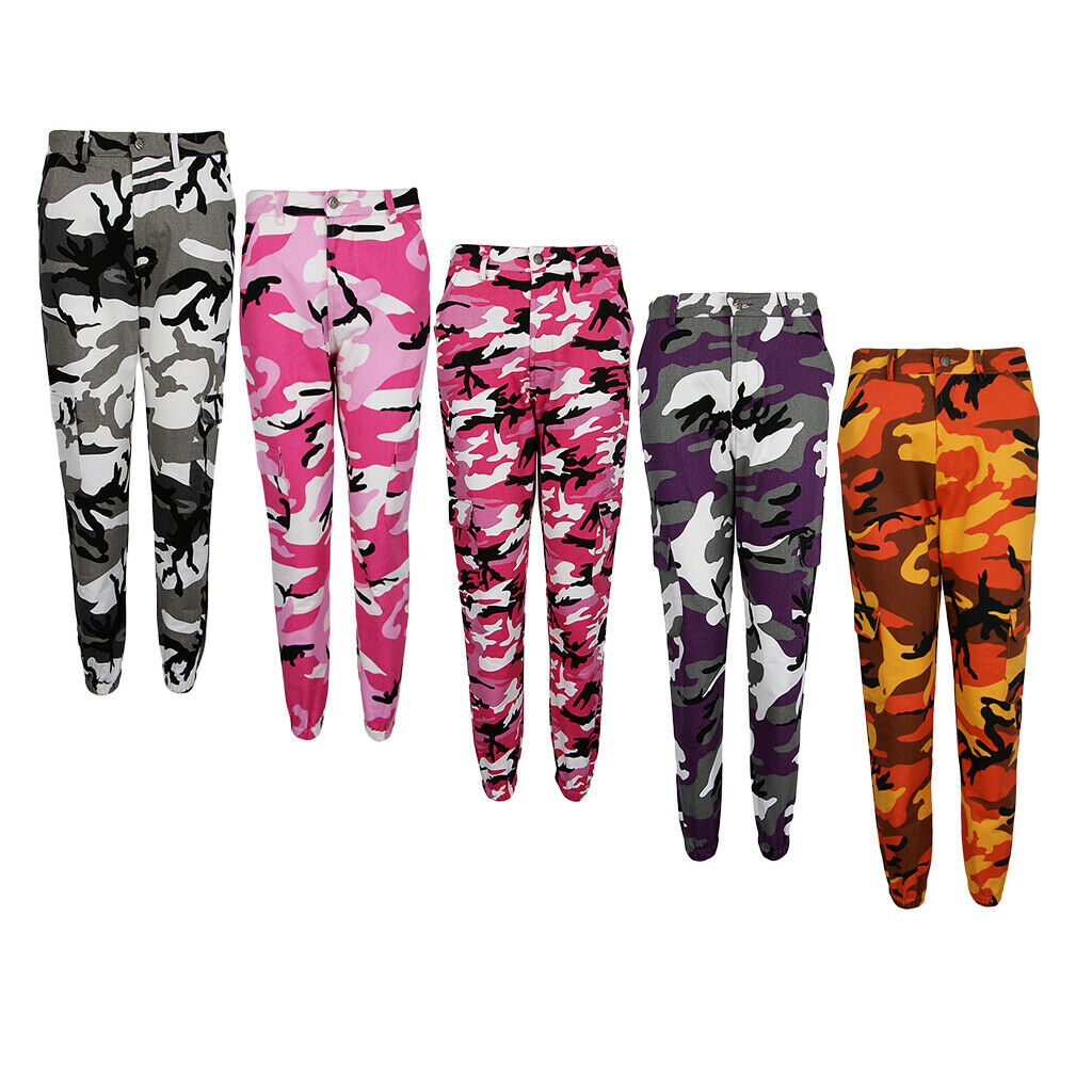 Women Camo Cargo Pants Jogger Casual Trousers Ankle Band BUD Pants Pink S