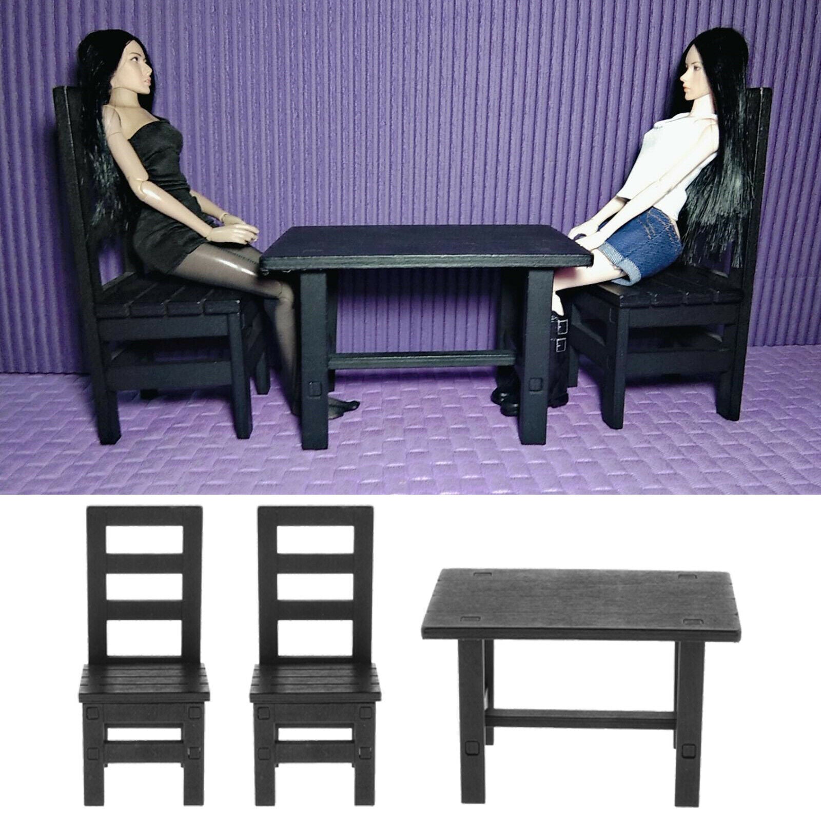 1/6 Table & Chairs for 12inch Kumik TBLeague DML DID TTL Dress up Black