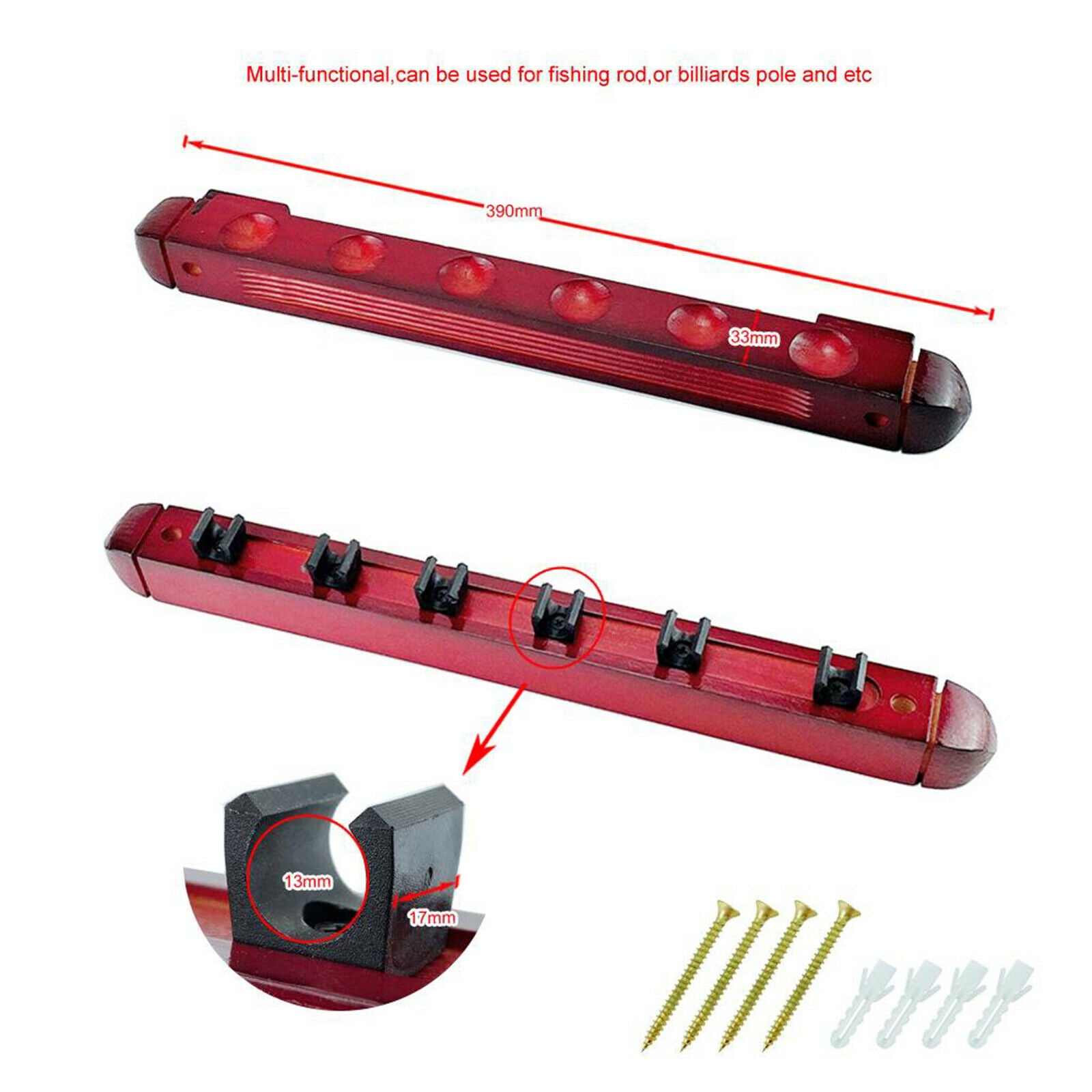 Wooden Pool Cue Rack Wall Mounted Stick Holder Stand Organizer for 6 Queues