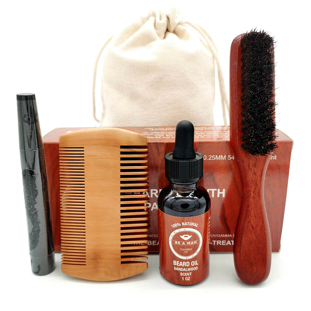5x Hair Beard Mustache Care Kit Brush Oil Grooming Set Father's Day Gift Box