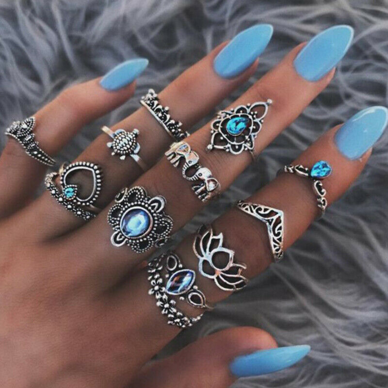 13 Pcs/Set Women Fashion  Punk Elephant Turtle Heart Flower Crown Gem Cry.l8