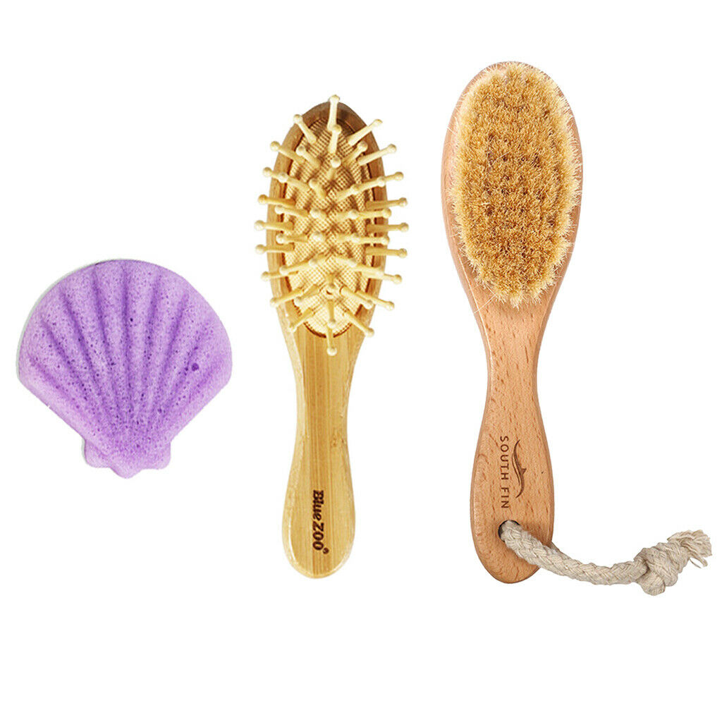 3x Goats Hair Bristle Body Newborn Brush Skin Massage Handle Natural Wooden