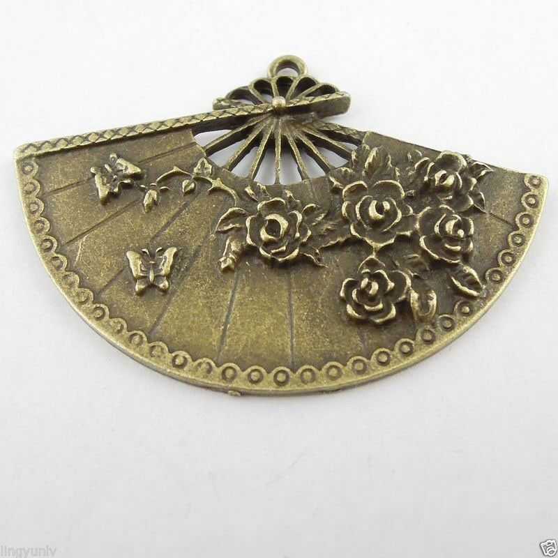 Antiqued Bronze Alloy Beautiful Flower In Fan Charm Pendant 54*35*4mm 8pcs