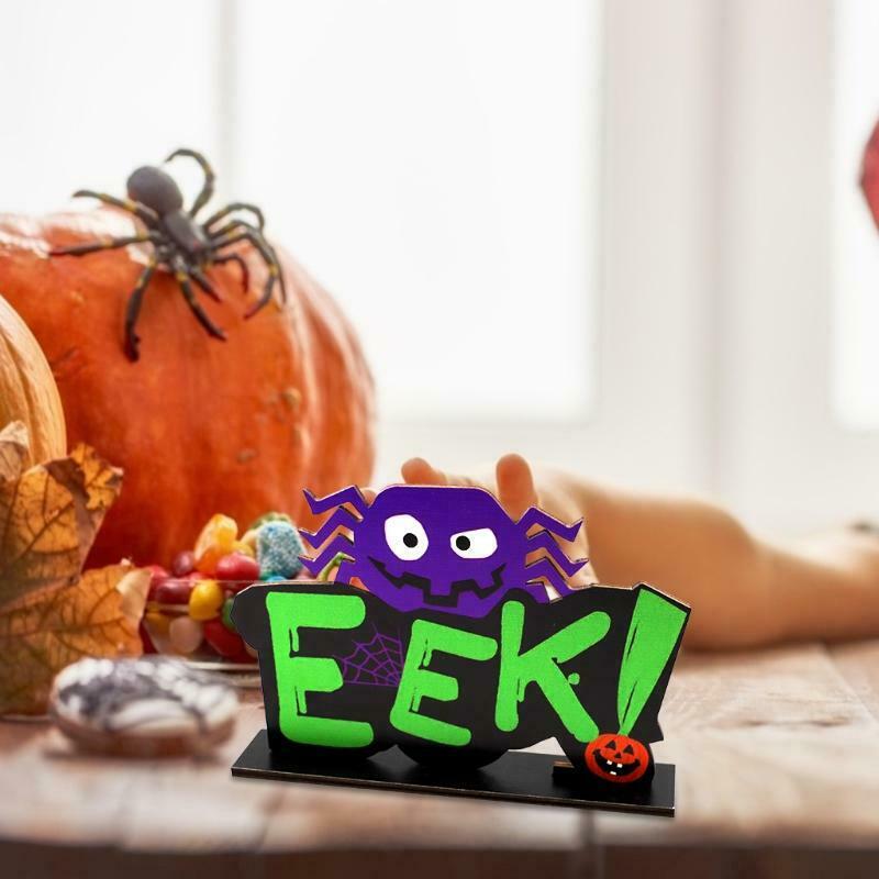 Halloween EEK Spider Wooden Desktop Ornaments Creative Decor for Home Indoor
