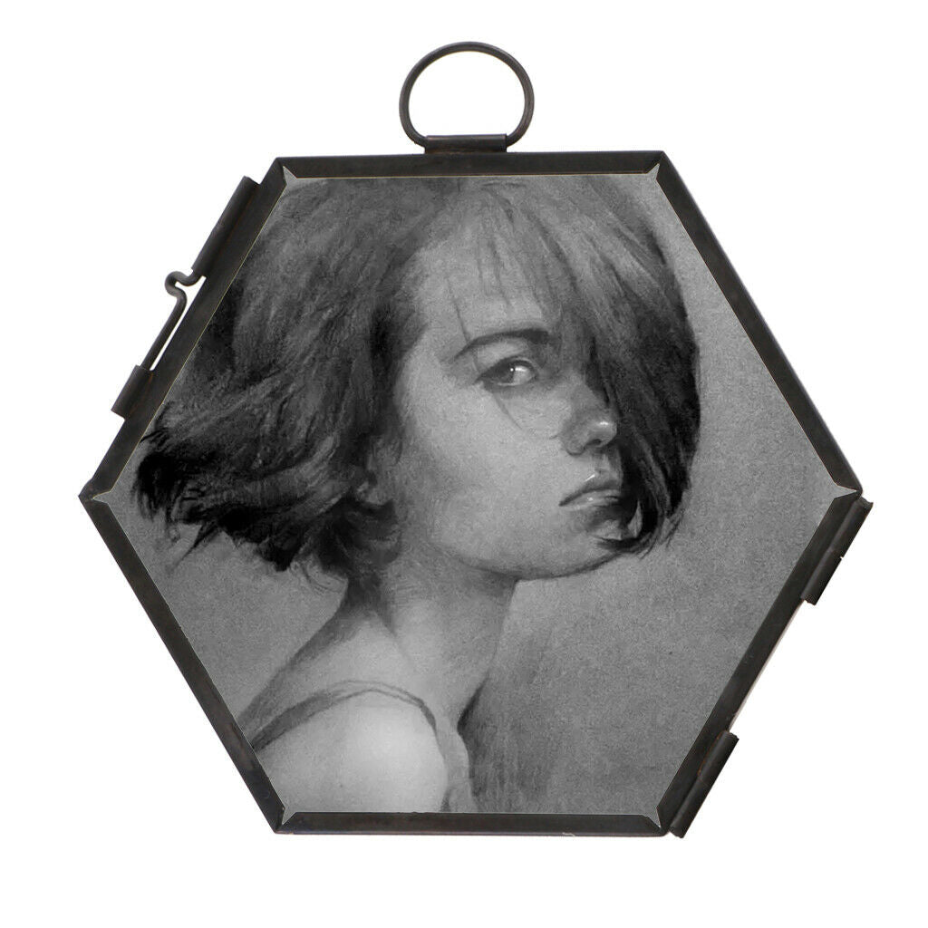 2 Pieces Modern Wall Hanging Hexagon Glass Displaying Photo Frame Black