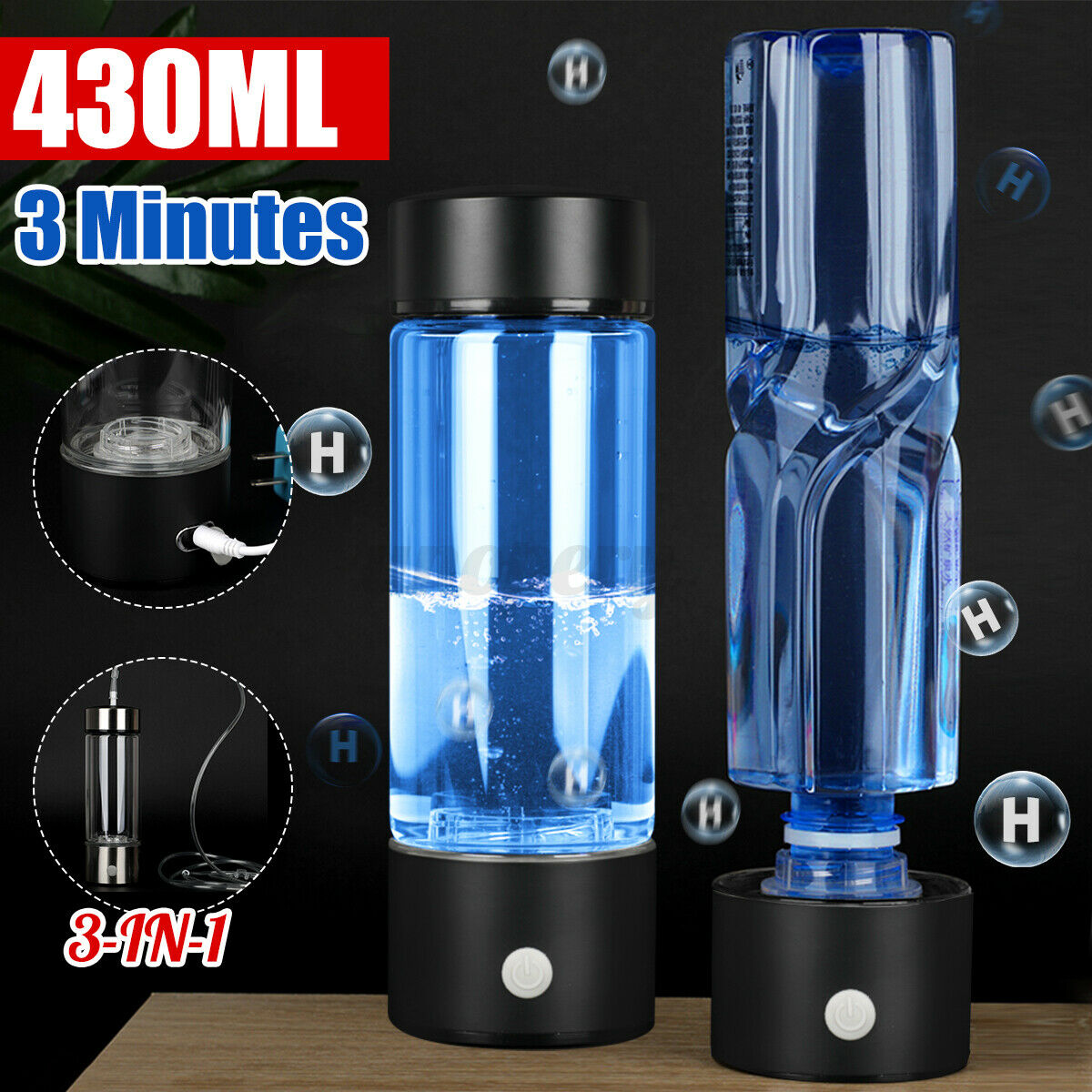 3-IN-1 430ML Hydrogens-rich Water Cup Portable Bottle 3 Min Electrolys Black â˜ª