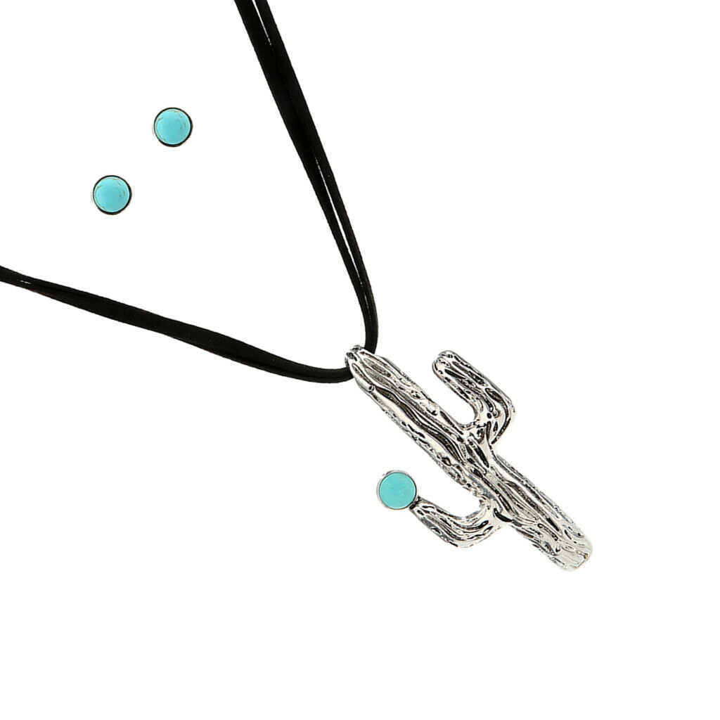 Bohemian Cactus Sweater Necklace Chain with 1 Pair Turquoise Earring Stud