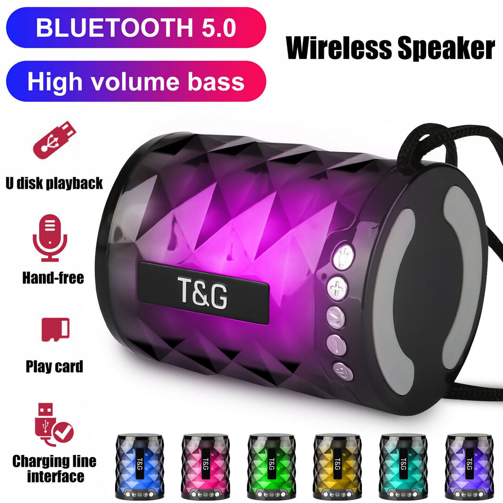 Bluetooth 5.0 Wireless Speaker Super Bass Rechargeable USB/TF/FM Radio Portable