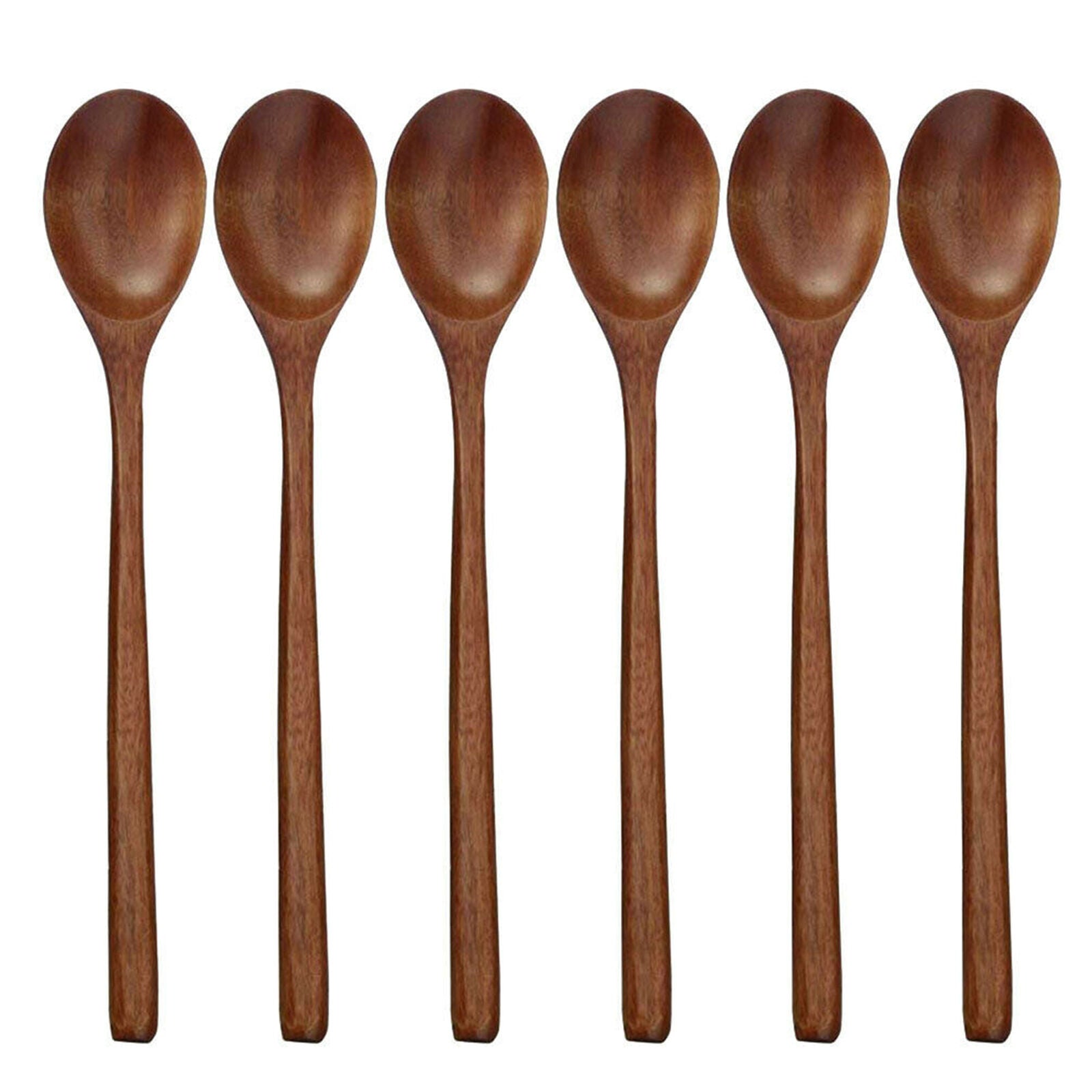 6Pcs NEW Wooden Spoon Kitchen Spices Natural Wood Long Handle Eating Spoons Set
