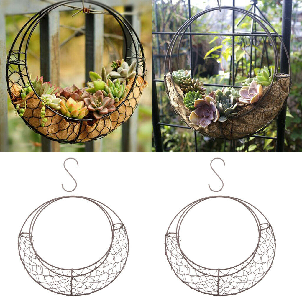 2x Retro Rustic Iron Hanging Succulent Pot Indoors Planter 28cm Moon Shape