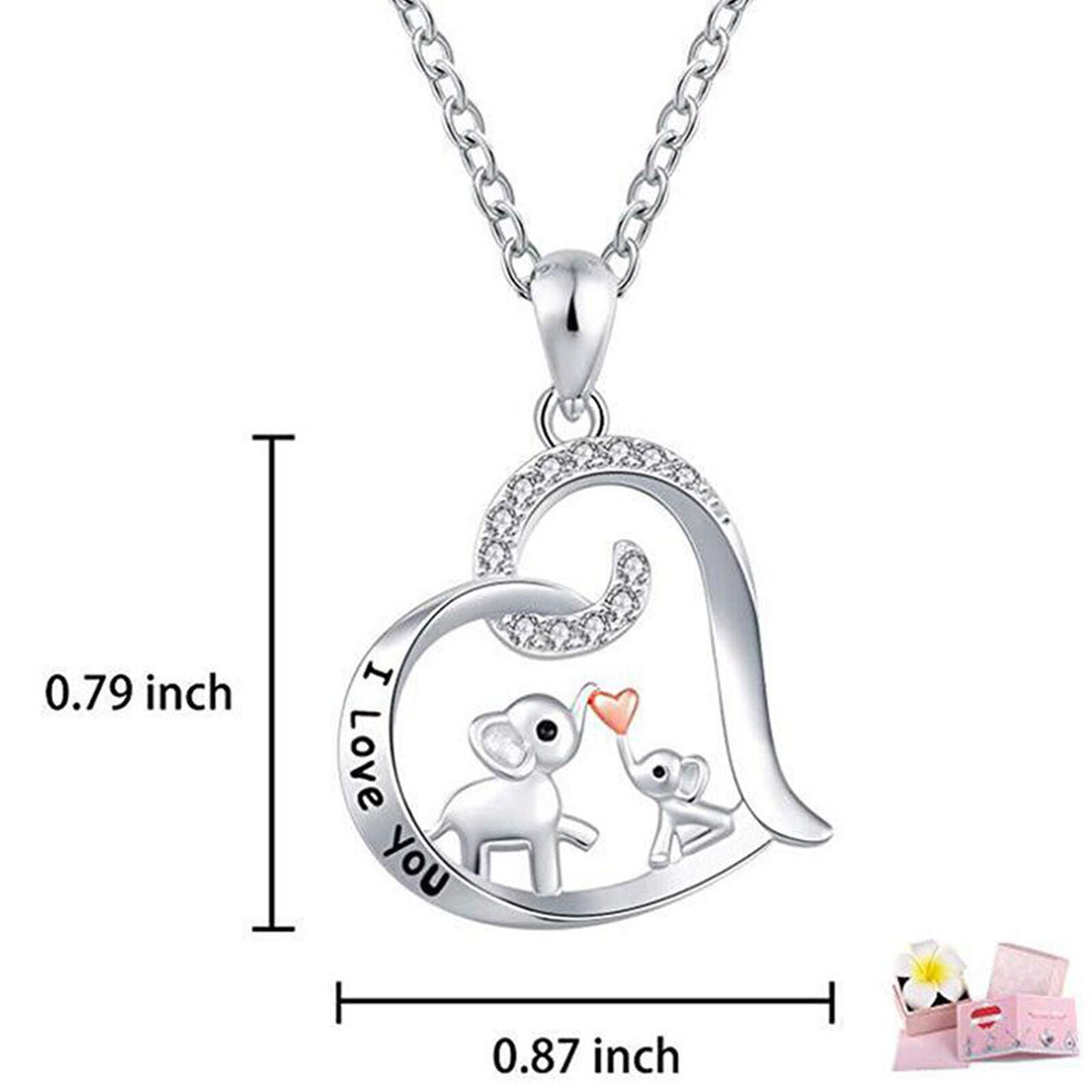 Women Pendant Rhinestone Heart-Shaped I Love You Baby Elephant Kiss Necklace