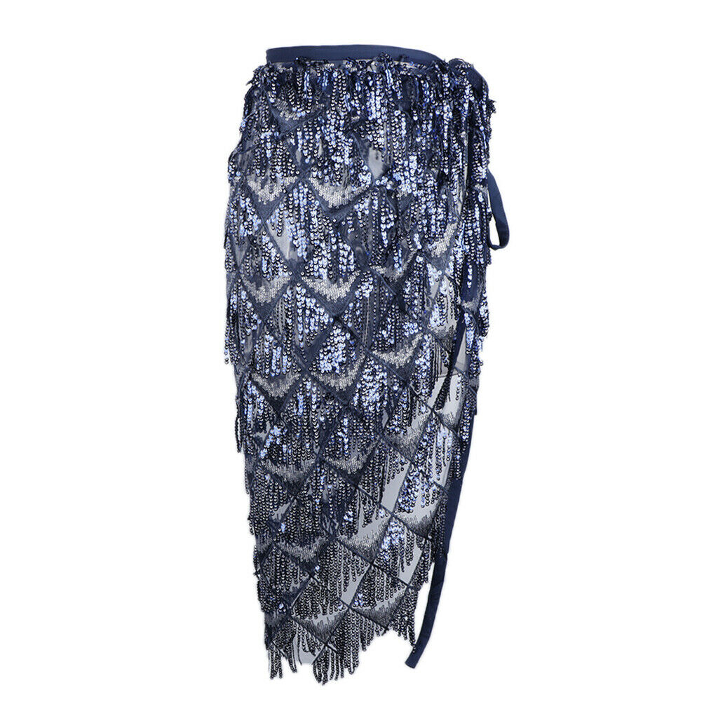 Women Long Hip Scarf for Belly Dance Costume with Sequin Tassel Dark Blue S